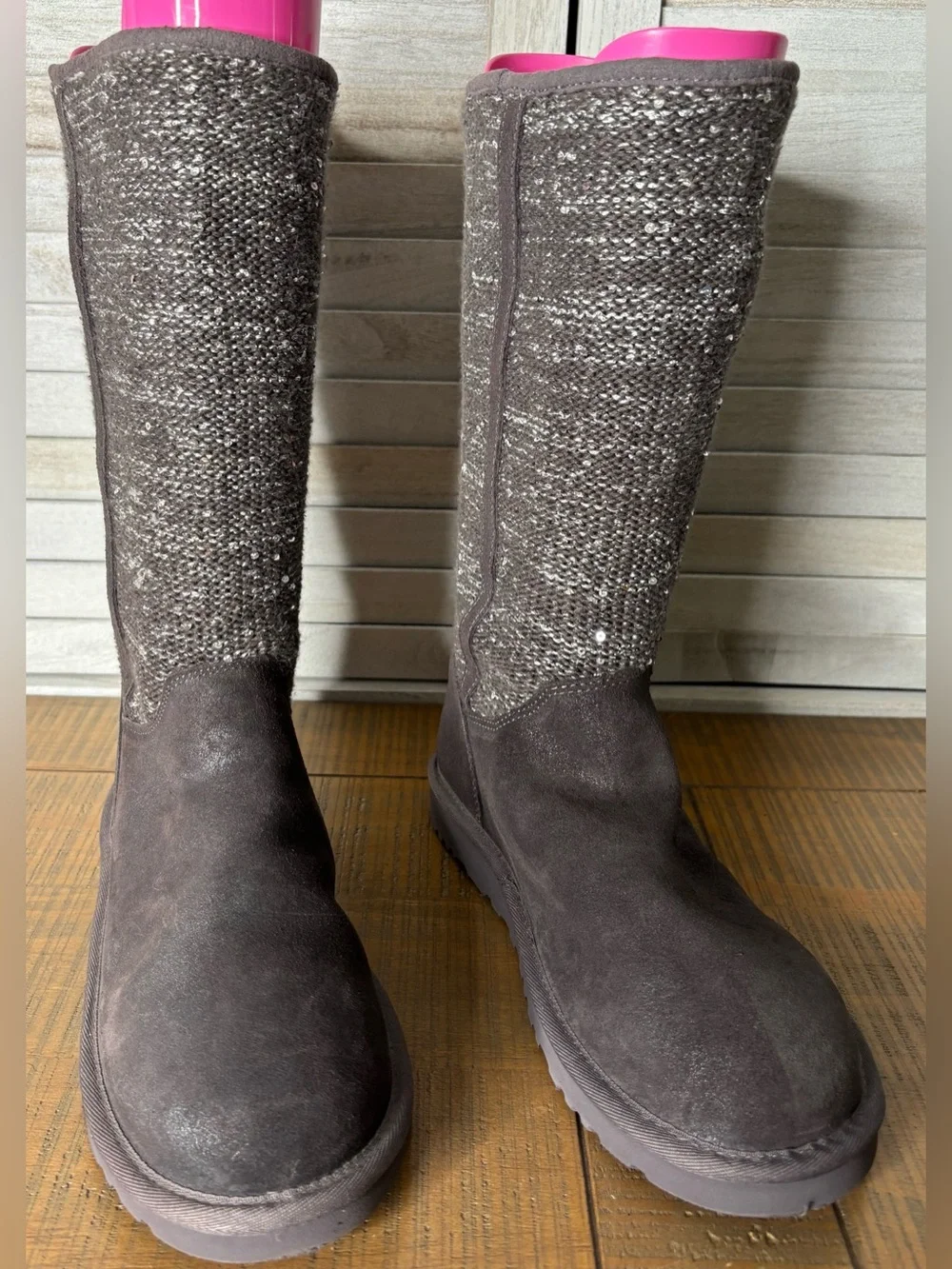 UGG Australia Camaya Tall Suede Sequin Knit Sweater Boots Gray Size 8